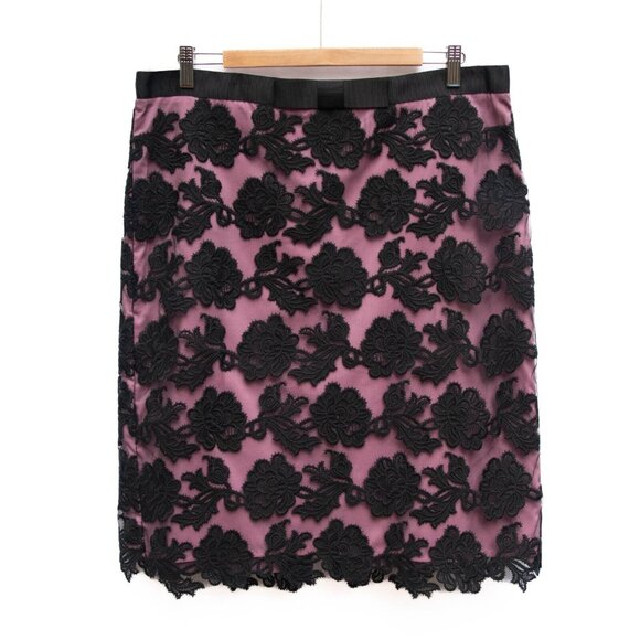 HOBBS Invitation Skirt 12 Midi Layered Black Lace over Mauve Pink Lining Bow - Picture 1 of 12
